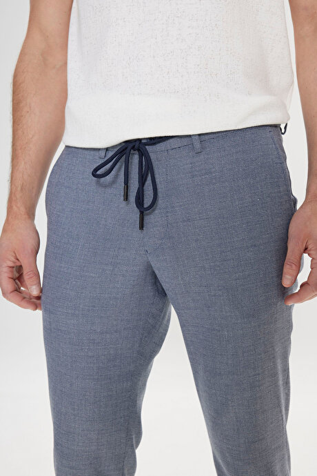Slim Fit Dar Kesim Yan Cepli Beli Bağlamalı Desenli Lacivert Pantolon resmi