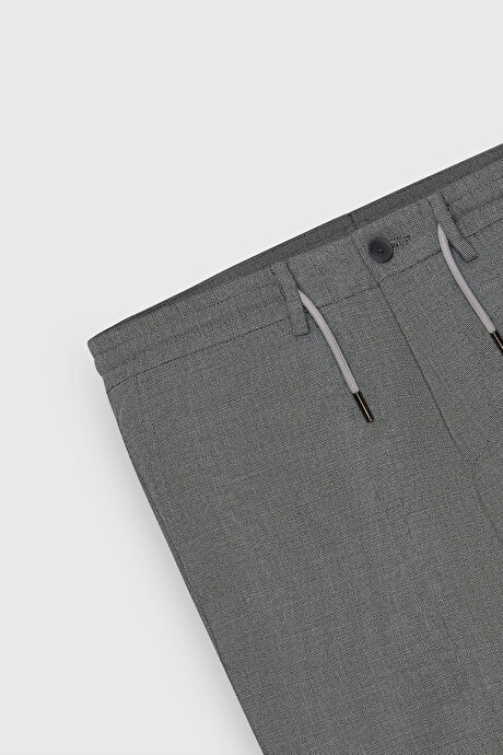 Slim Fit Dar Kesim Yan Cepli Beli Bağlamalı Desenli Siyah Pantolon resmi