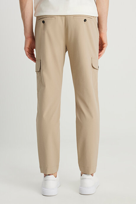 Slim Fit Dar Kesim Beli Bağlamalı Kargo Cepli Jogger Bej Pantolon resmi