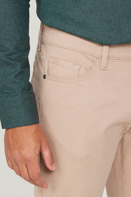 Slim Fit Dar Kesim 5 Cep Pamuklu Esnek Bej Pantolon resmi