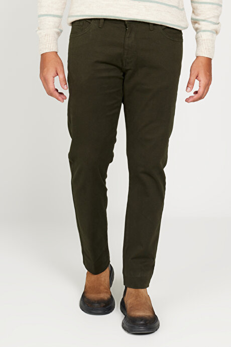 Slim Fit Dar Kesim 5 Cep Pamuklu Esnek Haki Pantolon resmi