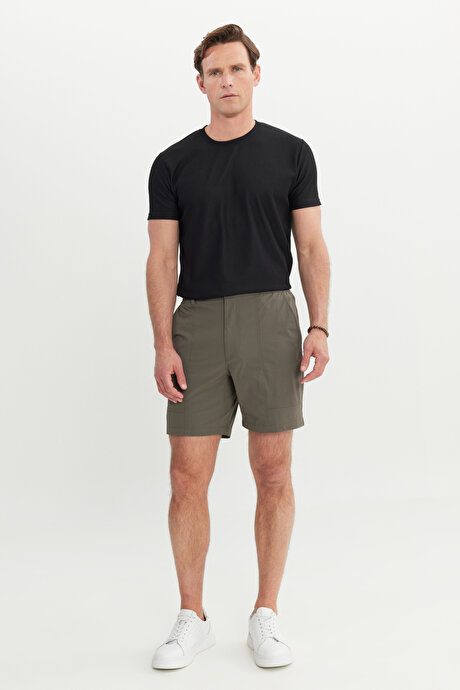 360 Her Yöne Esneyen Slim Fit Dar Kesim Yan Cepli Esnek Haki Şort resmi