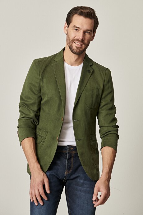 Slim Fit Dar Kesim Mono Yaka Haki Ceket resmi