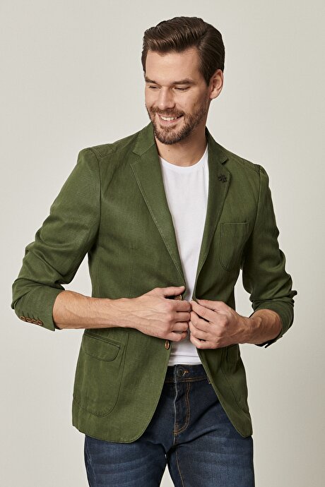 Slim Fit Dar Kesim Mono Yaka Haki Ceket resmi