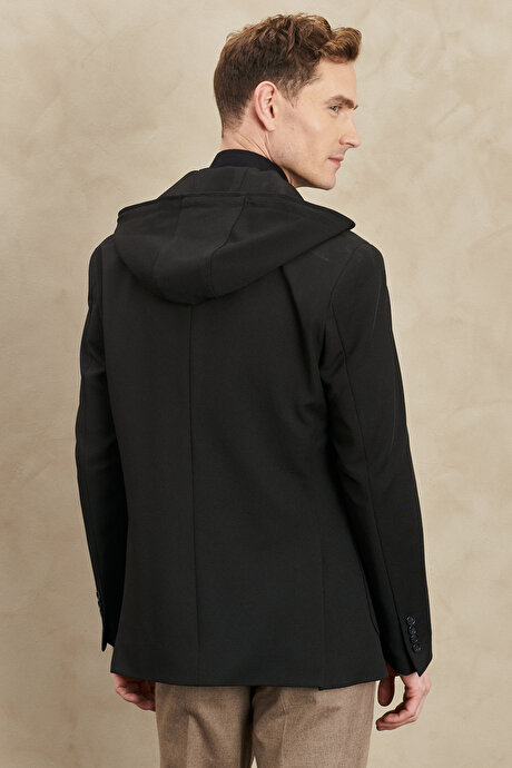 Slim Fit Dar Kesim Mono Çıkarılabilir Kapüşonlu Yelekli Siyah Ceket resmi