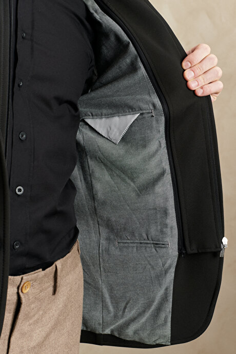 Slim Fit Dar Kesim Mono Çıkarılabilir Kapüşonlu Yelekli Siyah Ceket resmi