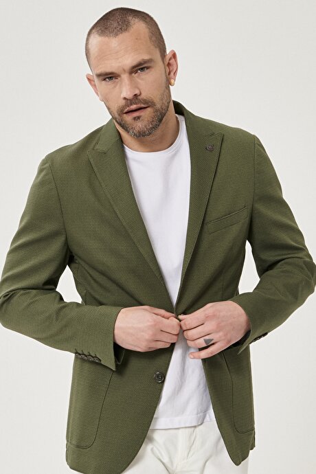 Slim Fit Dar Kesim Kırlangıç Yaka Desenli Casual Yeşil Ceket resmi