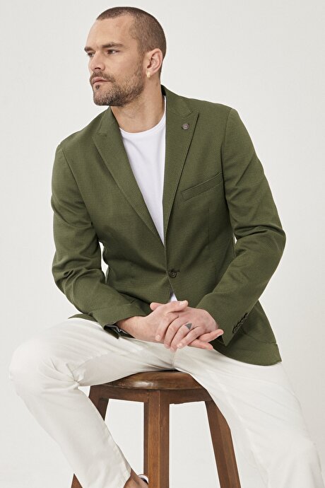 Slim Fit Dar Kesim Kırlangıç Yaka Desenli Casual Yeşil Ceket resmi