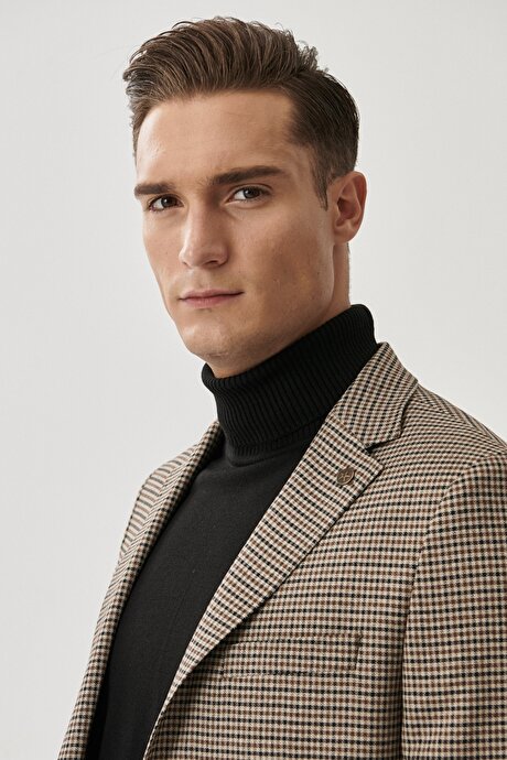 Slim Fit Dar Kesim Mono Yaka Desenli Açık Kahve Ceket resmi