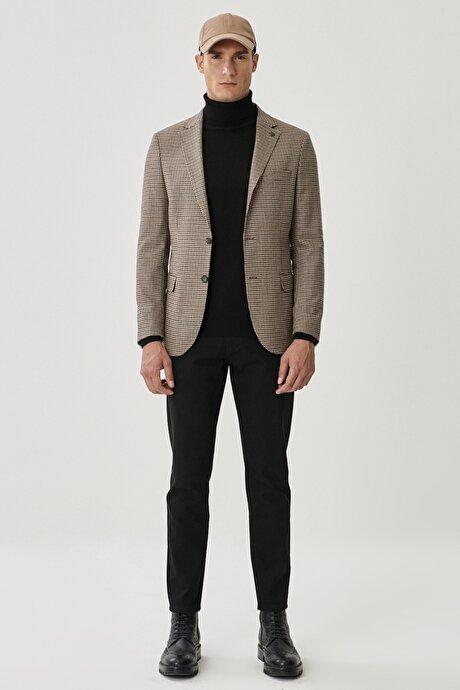 Slim Fit Dar Kesim Mono Yaka Desenli Açık Kahve Ceket resmi