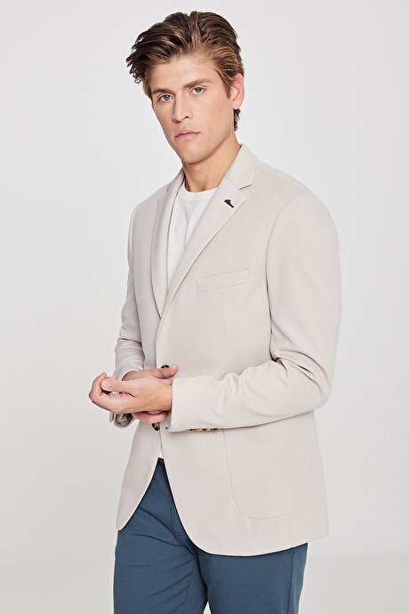 Slim Fit Dar Kesim Mono Yaka Casual Bej Ceket resmi