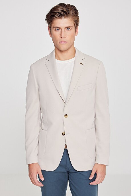 Slim Fit Dar Kesim Mono Yaka Casual Bej Ceket resmi