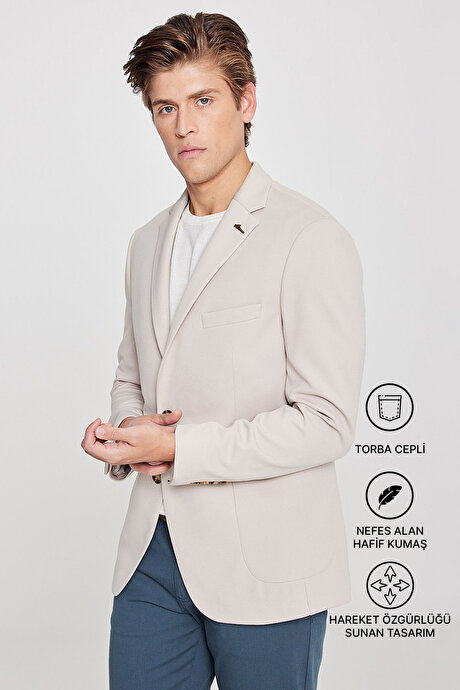 Slim Fit Dar Kesim Mono Yaka Casual Bej Ceket resmi