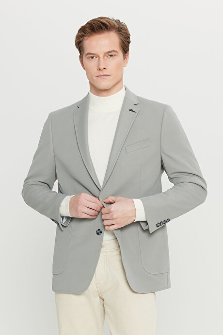 Slim Fit Dar Kesim Mono Yaka Casual Gri Ceket resmi