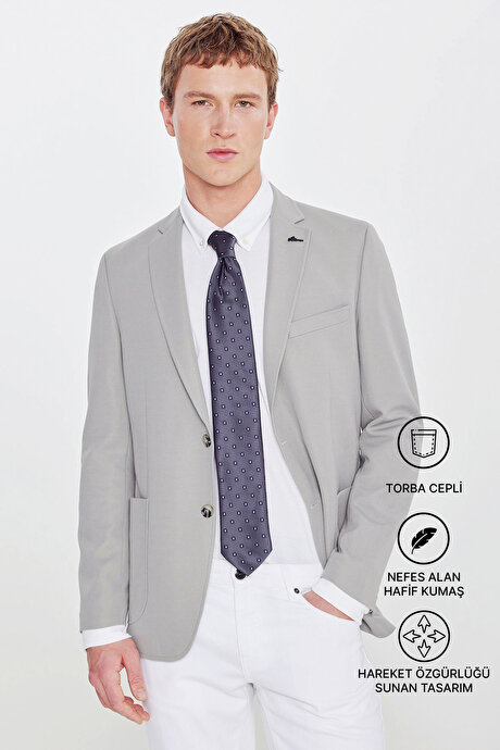 Slim Fit Dar Kesim Mono Yaka Casual Gri Ceket resmi