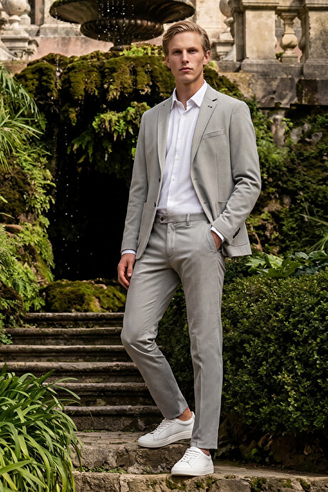 Slim Fit Dar Kesim Mono Yaka Casual Gri Ceket resmi