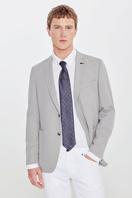 Slim Fit Dar Kesim Mono Yaka Casual Gri Ceket resmi