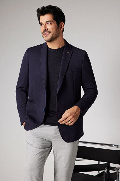 Slim Fit Dar Kesim Mono Yaka Casual Lacivert Ceket resmi