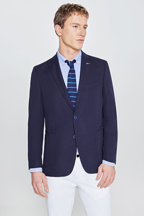 Slim Fit Dar Kesim Mono Yaka Casual Lacivert Ceket resmi