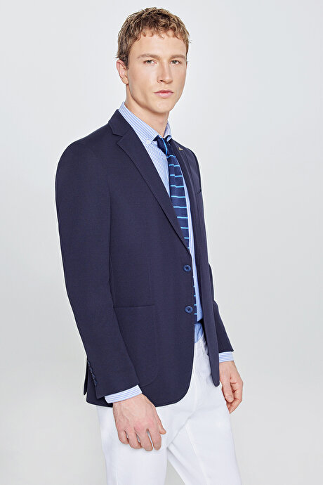 Slim Fit Dar Kesim Mono Yaka Casual Lacivert Ceket resmi