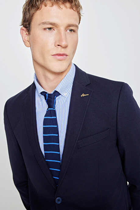 Slim Fit Dar Kesim Mono Yaka Casual Lacivert Ceket resmi