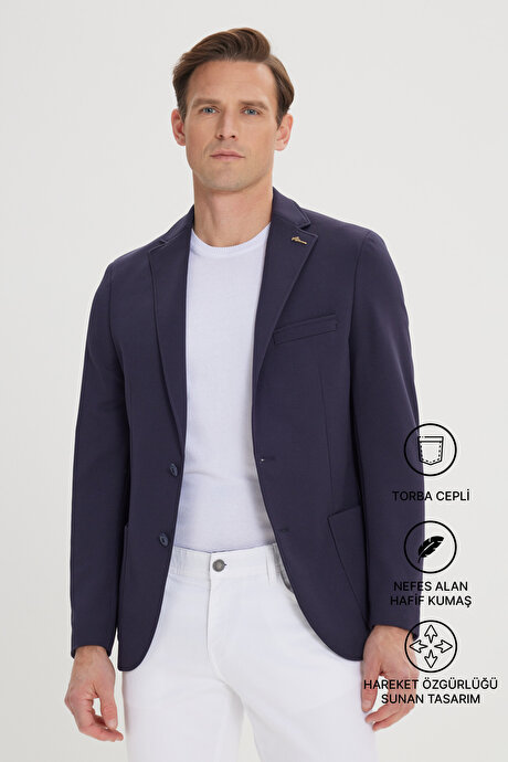 Slim Fit Dar Kesim Mono Yaka Casual Lacivert Ceket resmi