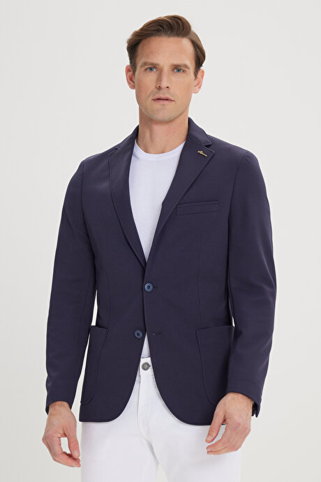 Slim Fit Dar Kesim Mono Yaka Casual Lacivert Ceket resmi