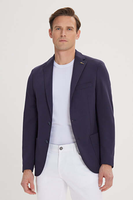 Slim Fit Dar Kesim Mono Yaka Casual Lacivert Ceket resmi
