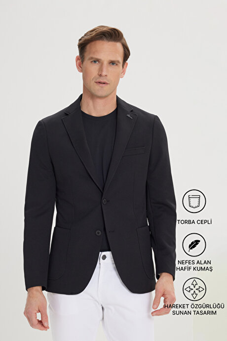 Slim Fit Dar Kesim Mono Yaka Casual Siyah Ceket resmi