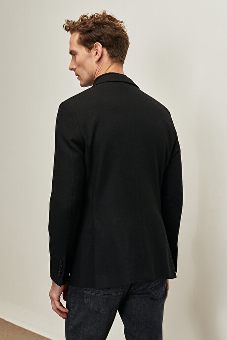Slim Fit Dar Kesim Kırlangıç Yaka Desenli Yünlü Siyah Ceket resmi