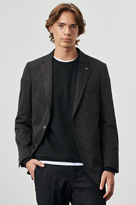 Comfort Fit Geniş Kesim Mono Yaka Yünlü Kışlık Siyah-Gri Ceket resmi