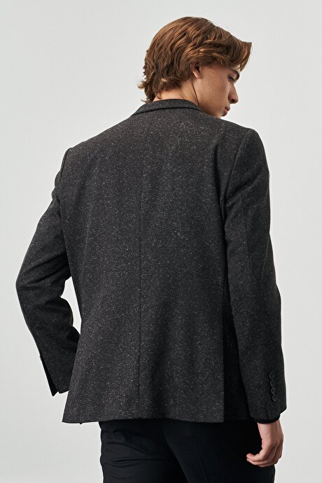 Comfort Fit Geniş Kesim Mono Yaka Yünlü Kışlık Siyah-Gri Ceket resmi