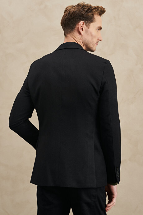 Slim Fit Dar Kesim Mono Yaka Diyagonal Desenli Siyah Ceket resmi