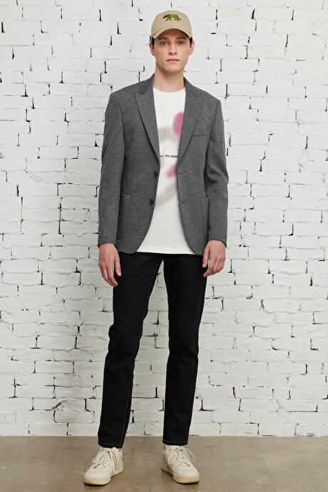 Slim Fit Dar Kesim Mono Yaka Desenli Antrasit Ceket resmi
