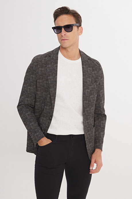 Slim Fit Dar Kesim Mono Yaka Kazayağı Desenli Haki Ceket resmi