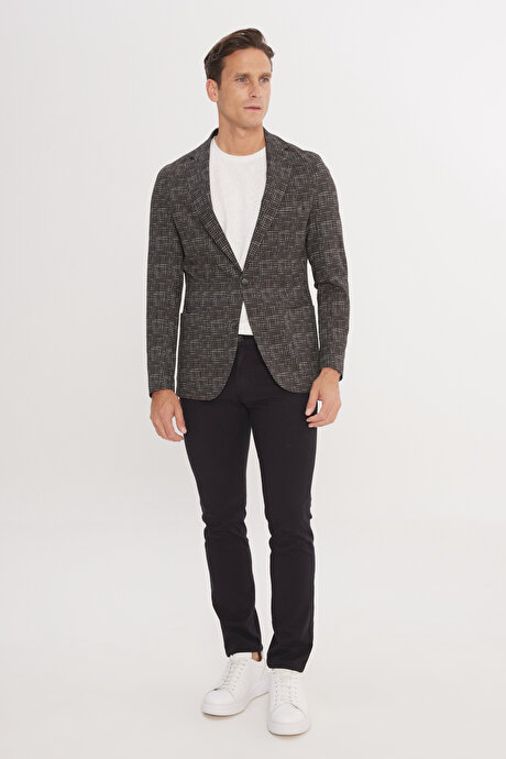 Slim Fit Dar Kesim Mono Yaka Kazayağı Desenli Haki Ceket resmi