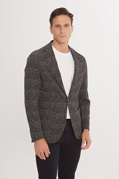 Slim Fit Dar Kesim Mono Yaka Kazayağı Desenli Haki Ceket resmi