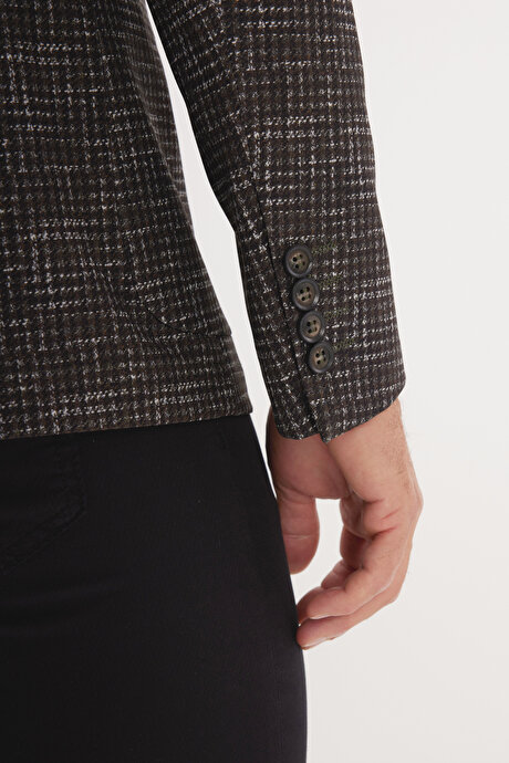 Slim Fit Dar Kesim Mono Yaka Kazayağı Desenli Haki Ceket resmi