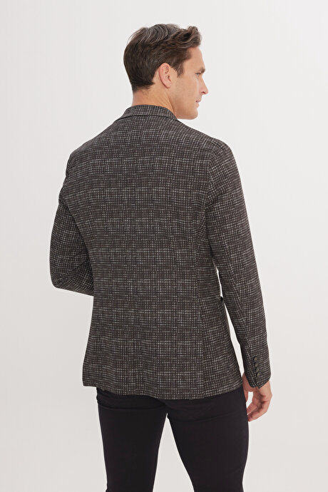 Slim Fit Dar Kesim Mono Yaka Kazayağı Desenli Haki Ceket resmi