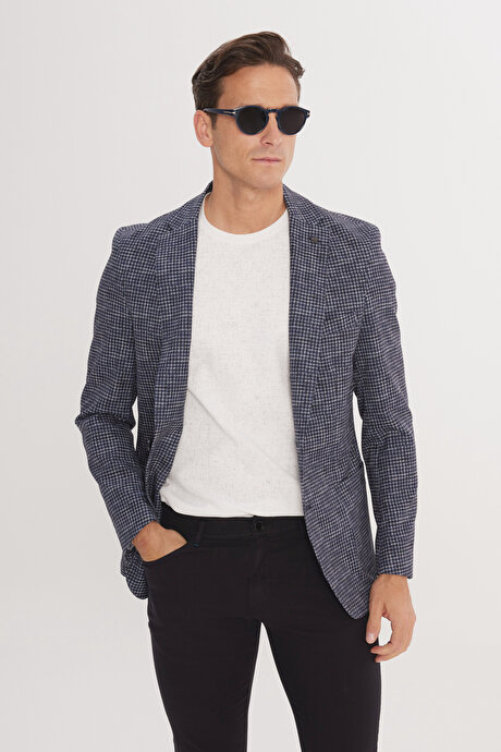 Slim Fit Dar Kesim Mono Yaka Kazayağı Desenli Lacivert Ceket resmi