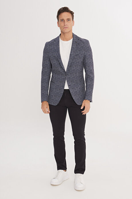 Slim Fit Dar Kesim Mono Yaka Kazayağı Desenli Lacivert Ceket resmi