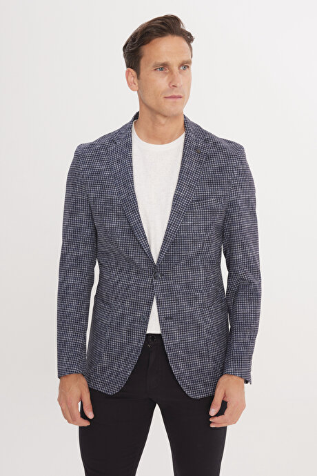 Slim Fit Dar Kesim Mono Yaka Kazayağı Desenli Lacivert Ceket resmi
