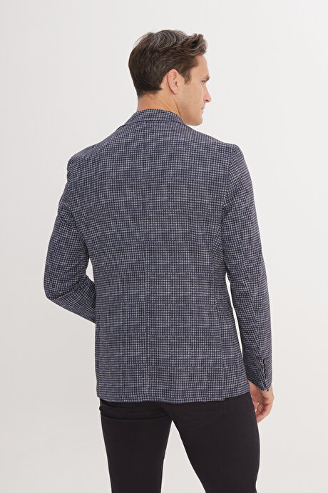 Slim Fit Dar Kesim Mono Yaka Kazayağı Desenli Lacivert Ceket resmi