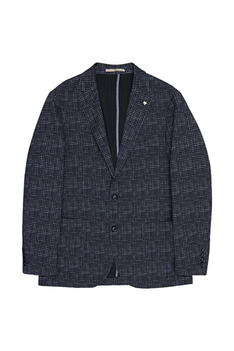 Slim Fit Dar Kesim Mono Yaka Kazayağı Desenli Lacivert Ceket resmi