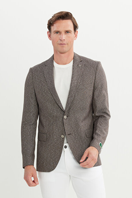 Slim Fit Dar Kesim Mono Yaka Armürlü Kahverengi Ceket resmi