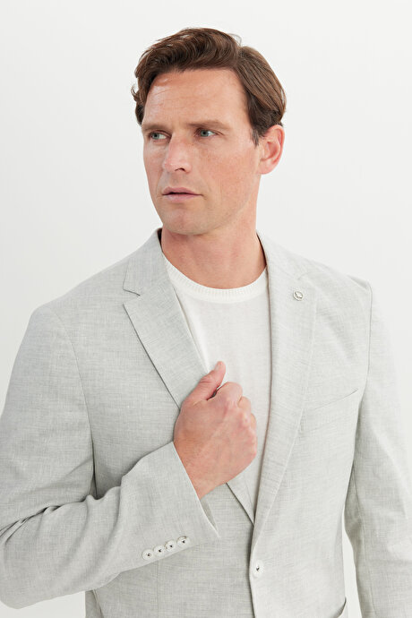 Keten Slim Fit Dar Kesim Mono Yaka Cepli Desenli Magic Gri Ceket resmi