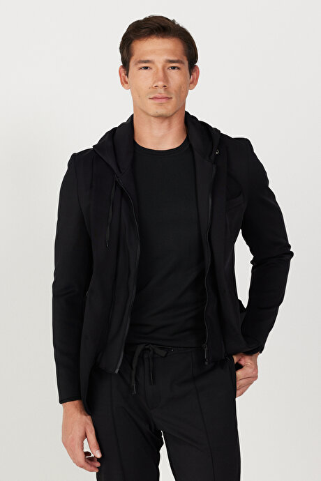 Slim Fit Dar Kesim Mono Yaka Pamuklu Siyah Ceket resmi