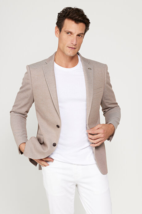 Slim Fit Dar Kesim Mono Yaka Pamuklu Kahverengi Ceket resmi