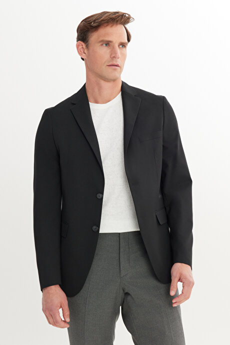 Yünlü Slim Fit Mono Yaka Kapak Cepli Siyah Ceket resmi