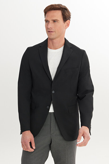 Yünlü Slim Fit Mono Yaka Kapak Cepli Siyah Ceket resmi